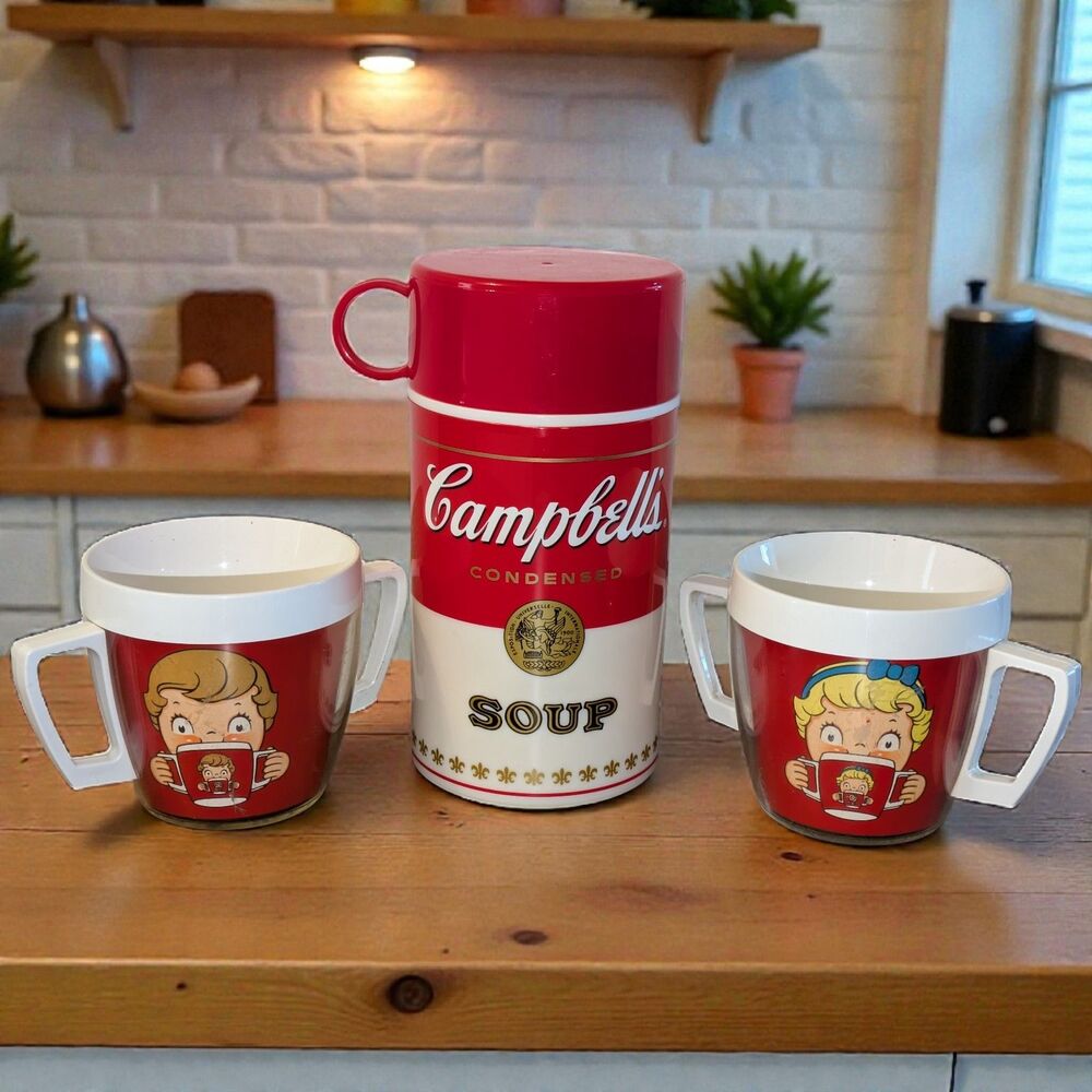 Campbells Lot of 2 Vtg West Bend Thermo-Serv Insulated Mugs And Soup Thermos